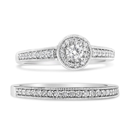 .925 Sterling Silver 1/2 Ctw Diamond Halo and Milgrain Engagement Ring Bridal Set (I-J Color, I3 Clarity) - Ring Size 7 by Bids.com