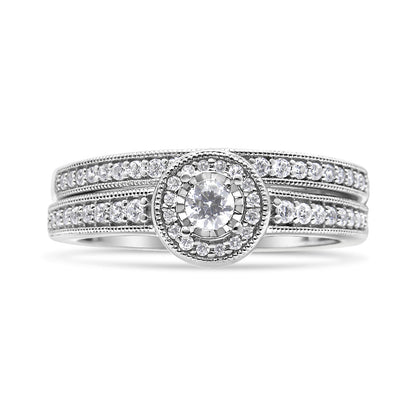 .925 Sterling Silver 1/2 Ctw Diamond Halo and Milgrain Engagement Ring Bridal Set (I-J Color, I3 Clarity) - Ring Size 7 by Bids.com