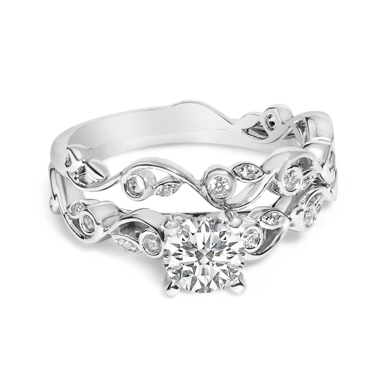 14K White Gold Lab Grown Diamond 1.0 Cttw Vintage Style Engagement Ring and Band Set - Ring Size 5 