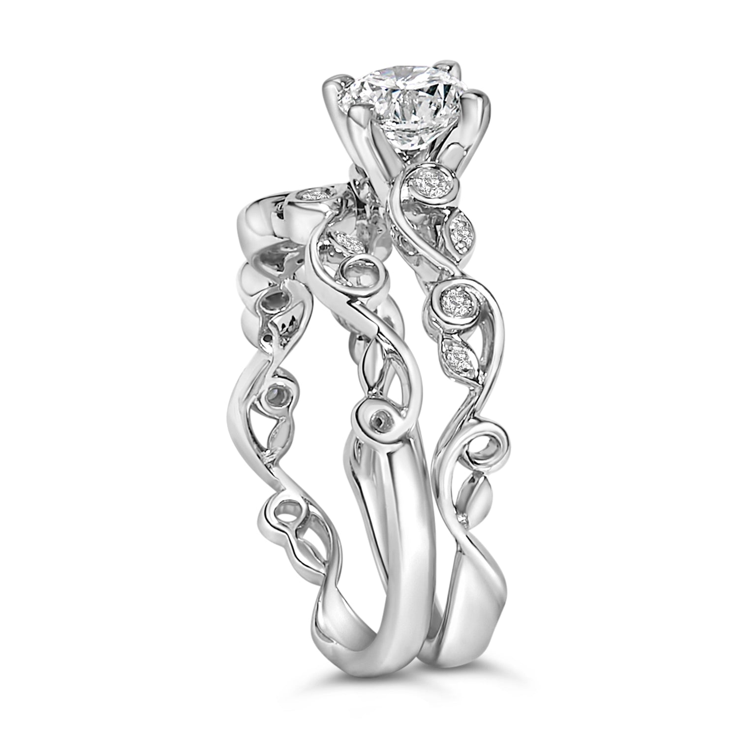 14K White Gold Lab Grown Diamond 1.0 Cttw Vintage Style Engagement Ring and Band Set - Ring Size 5 