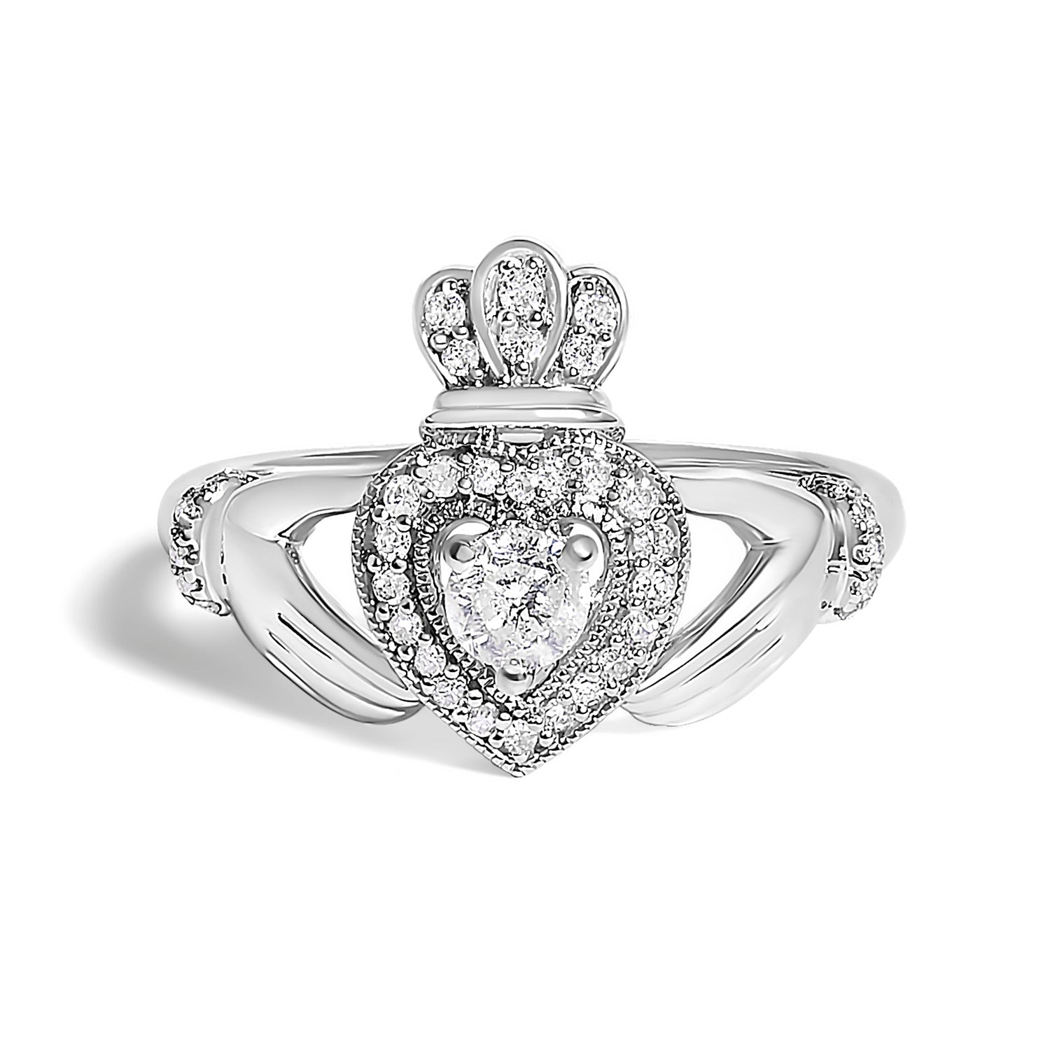 14K White Gold 3/8 Cttw Diamond Claddagh Heart Ring  DestGlow