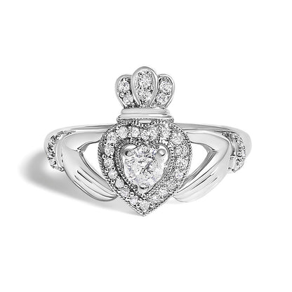14K White Gold 3/8 Cttw Diamond Claddagh Heart Ring  DestGlow