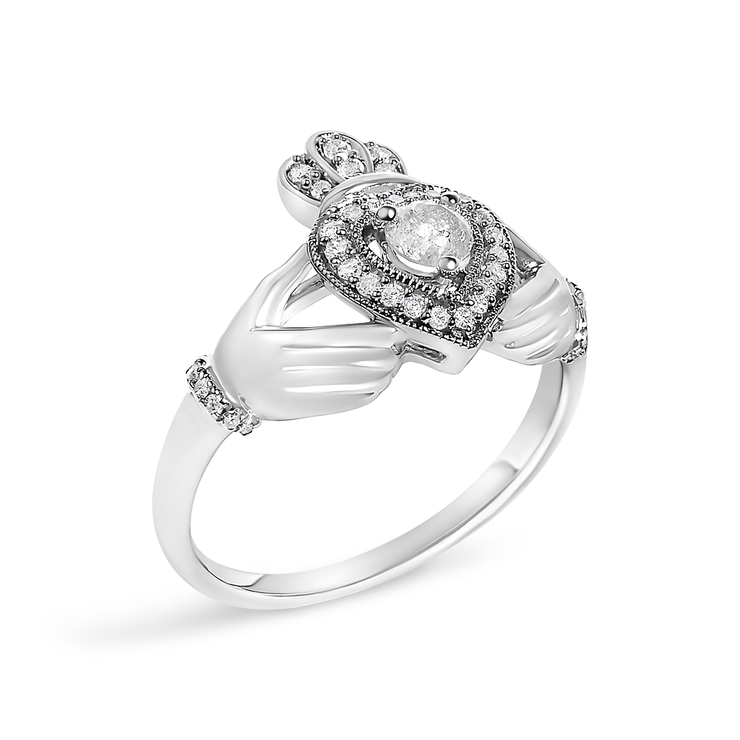 14K White Gold 3/8 Cttw Diamond Claddagh Heart Ring  DestGlow