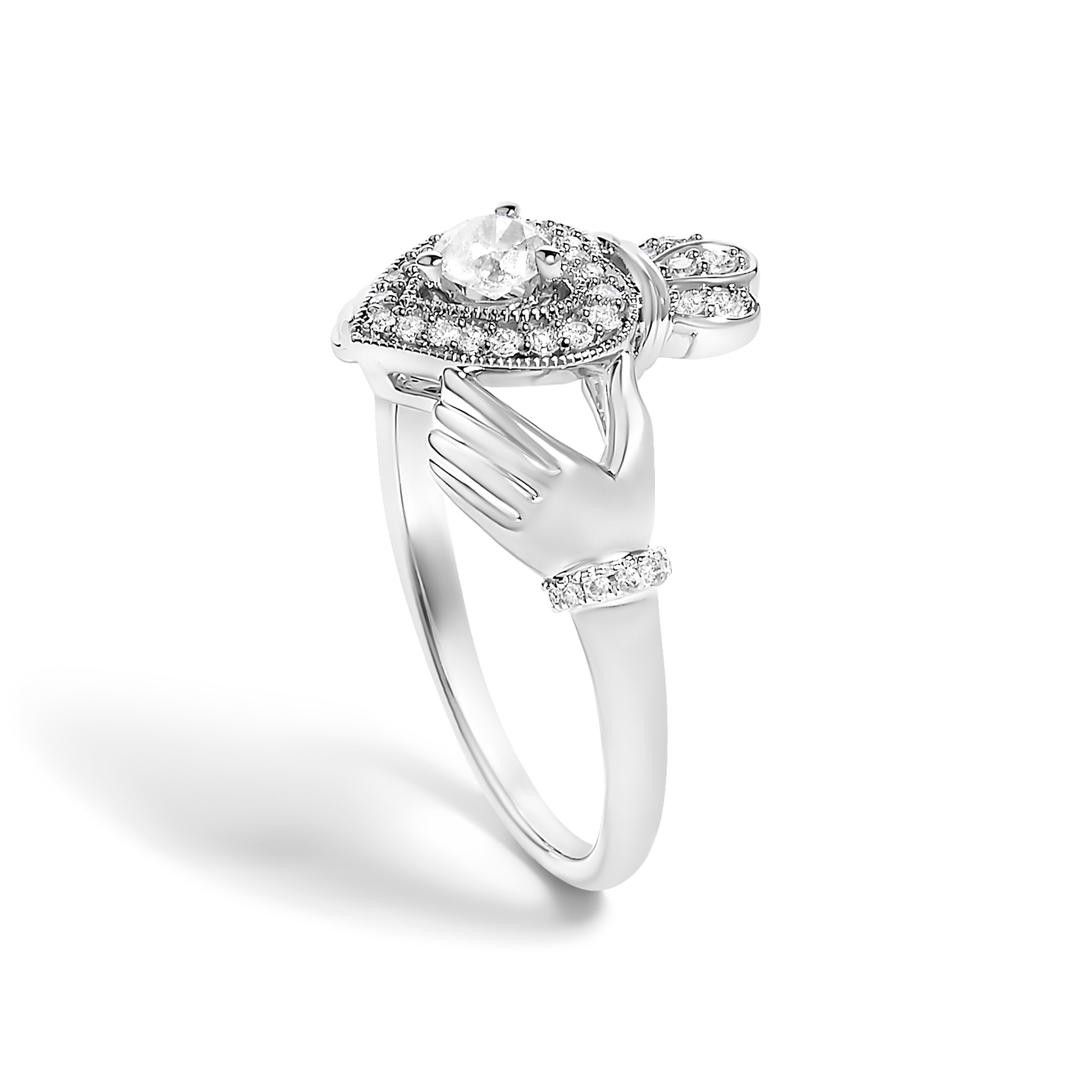 14K White Gold 3/8 Cttw Diamond Claddagh Heart Ring  DestGlow