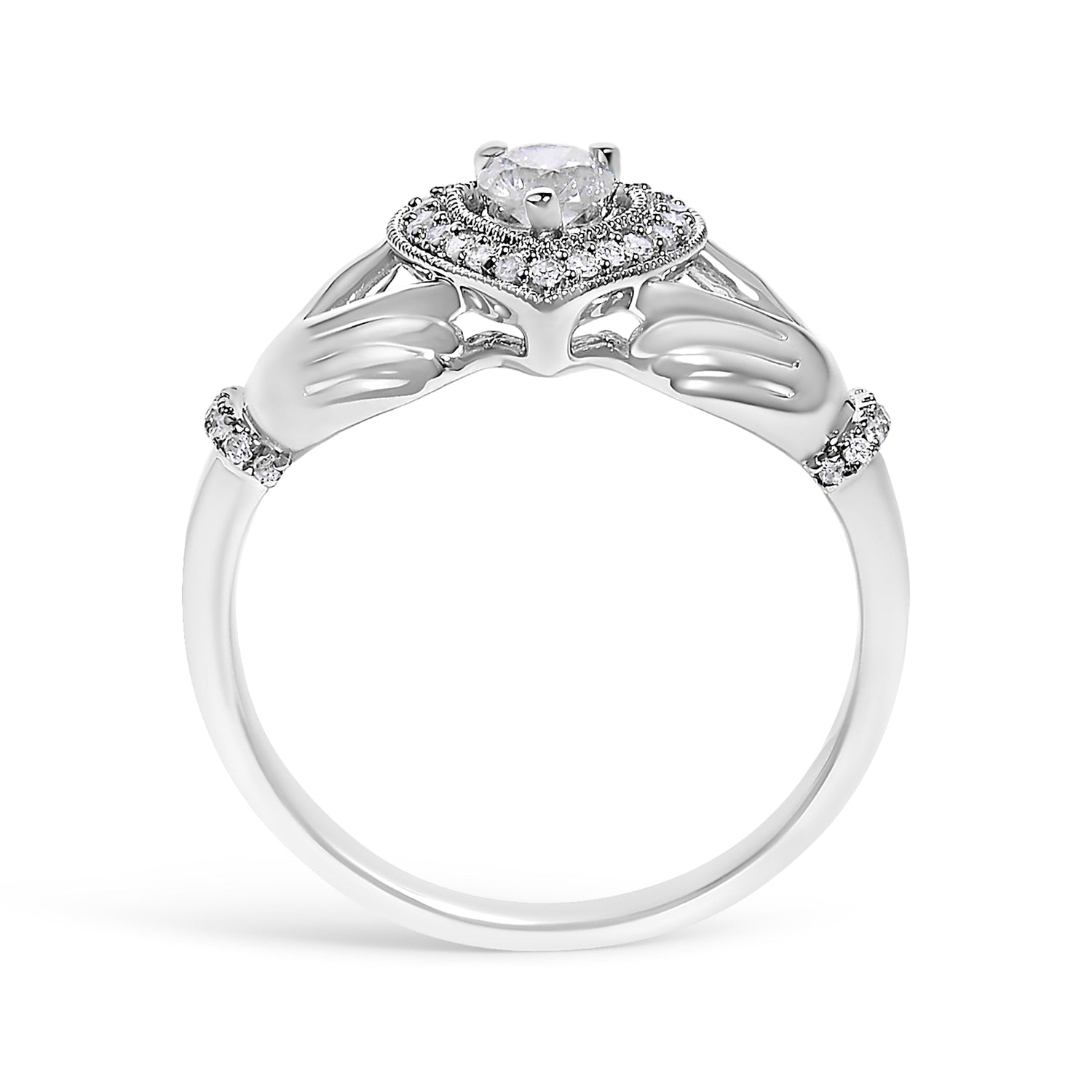 14K White Gold 3/8 Cttw Diamond Claddagh Heart Ring  DestGlow