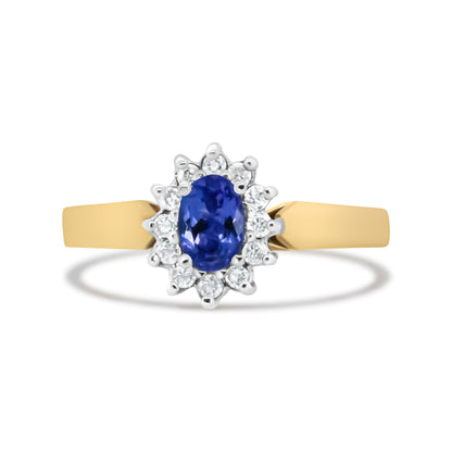 14K Yellow Gold 1/5 Cttw Round Diamond and 6x4mm Oval Blue Tanzanite Halo Ring (H-I Color, I1-I2 Clarity) - Size 7.75 by Bids.com