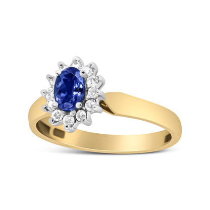 14K Yellow Gold 1/5 Cttw Round Diamond and 6x4mm Oval Blue Tanzanite Halo Ring (H-I Color, I1-I2 Clarity) - Size 7.75 by Bids.com