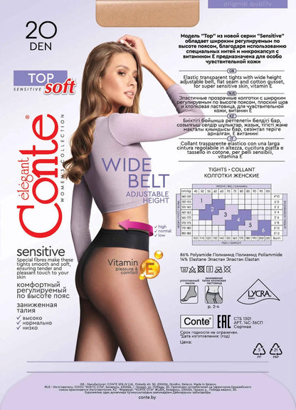 Tights Conte Top Soft 20 Den - Adjustable Fit for Sensitive Skin