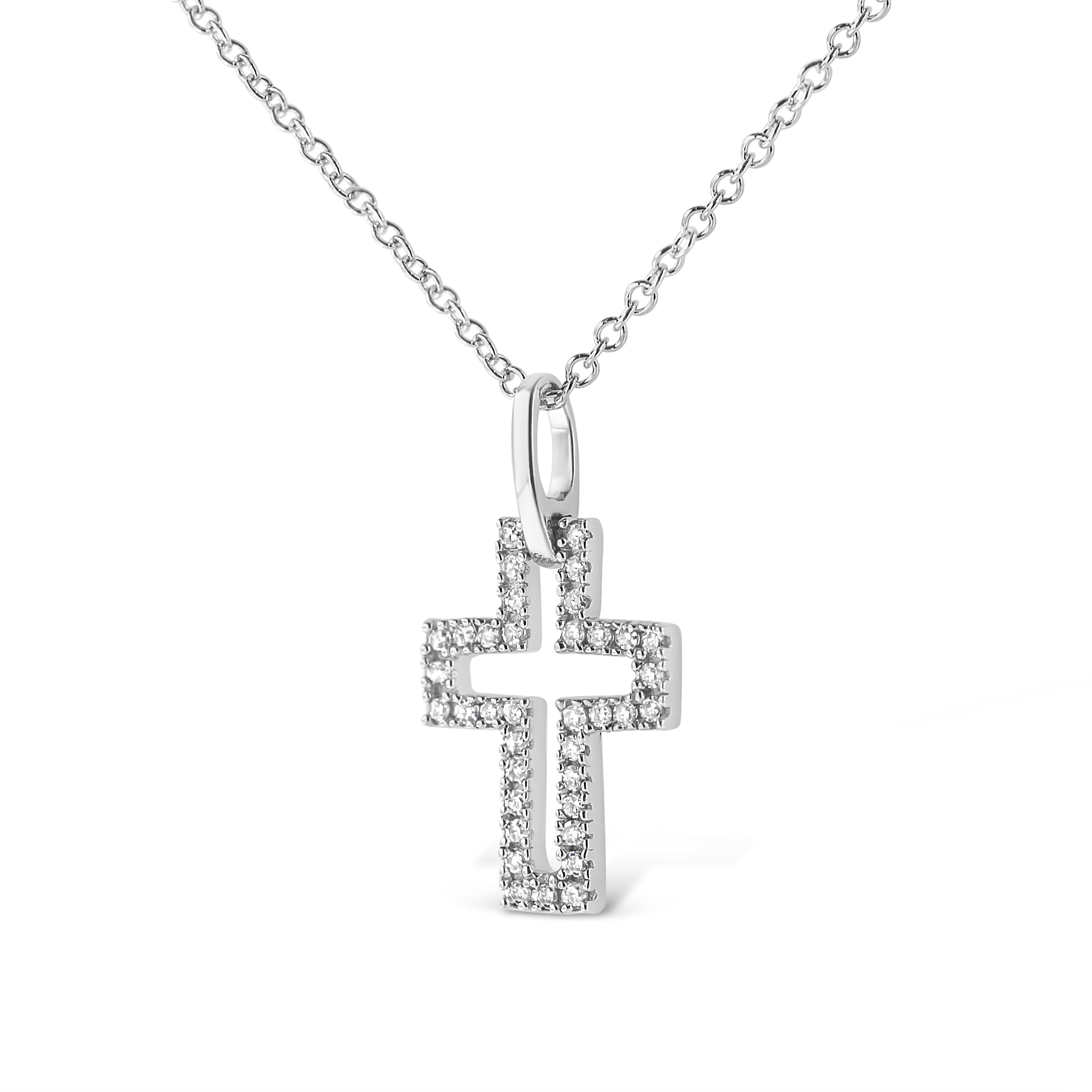 .925 Sterling Silver 1/10 cttw Pave-Set Round-Cut Diamond Open Cross 18" Pendant Necklace (I-J Color, I1-2 Clarity)  DestGlow