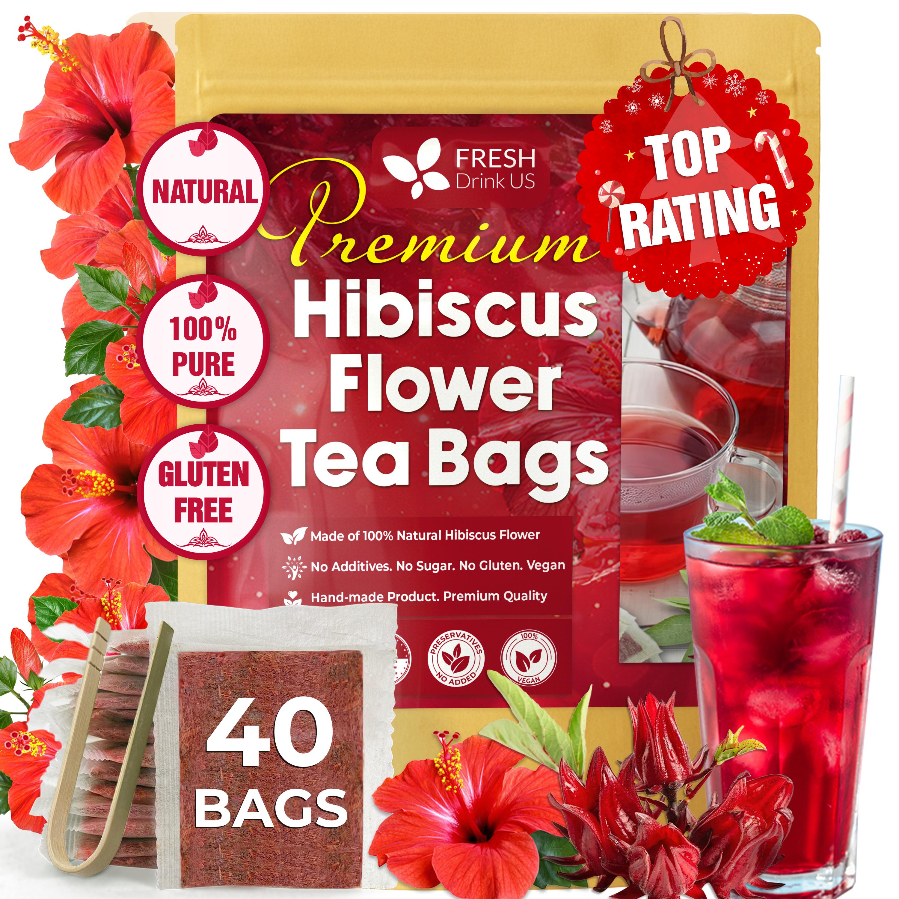 Hibiscus Dried Flowers, Tea Bags, 100% Natural, Pure from Hibiscus Flowers. Loose Flower Hibiscus Herbal Tea. Hibiscus Flower Tea. No Sugar, No Caffeine, No Gluten, Vegan. by FreshDrinkUS - Natural and Premium Herbal Tea