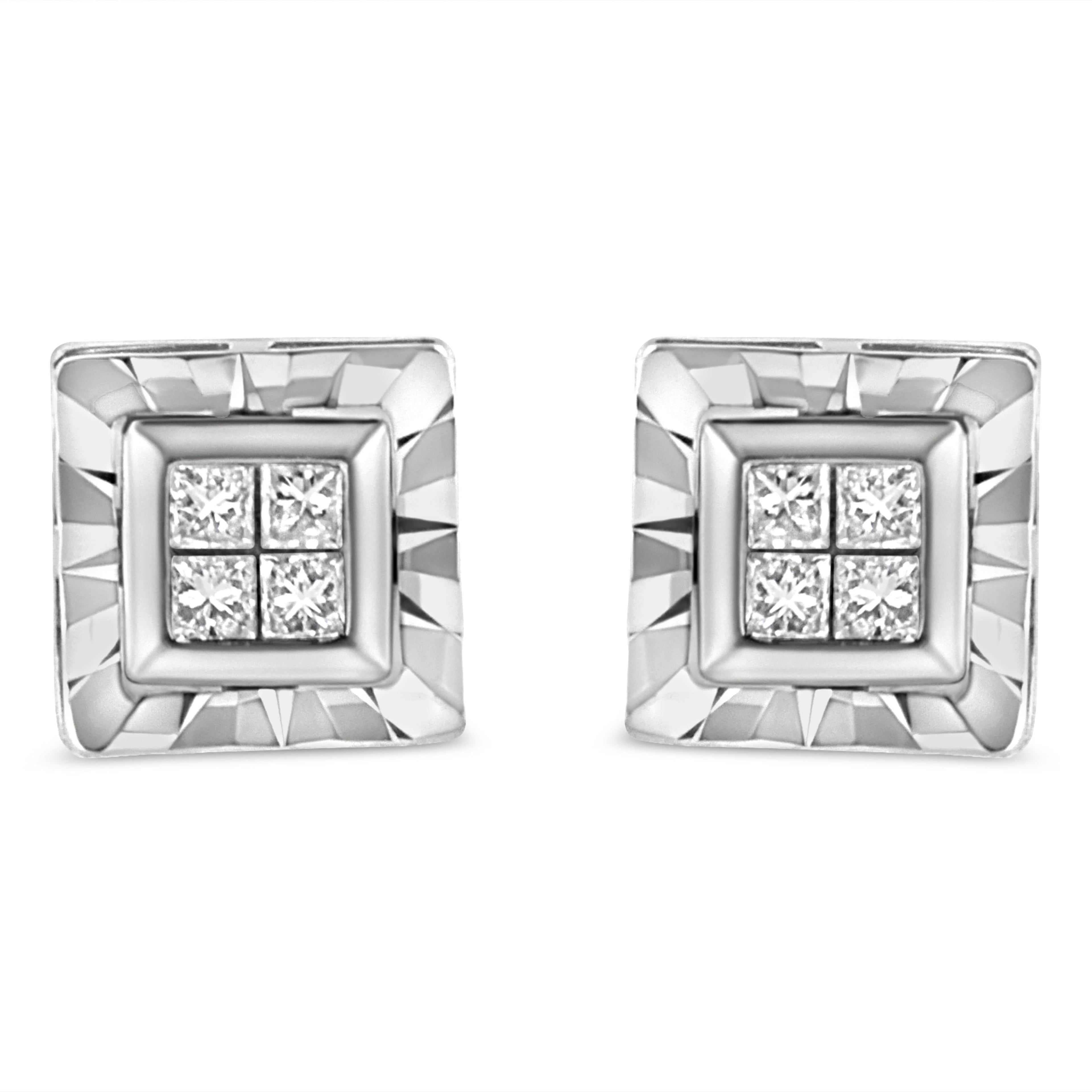 .925 Sterling Silver 1/6 Cttw Invisible Set Princess-Cut Diamond Quad Composite Stud Earrings (H-I Color, I1-I2 Clarity) by Bids.com