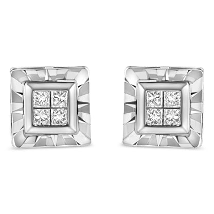 .925 Sterling Silver 1/6 Cttw Invisible Set Princess-Cut Diamond Quad Composite Stud Earrings (H-I Color, I1-I2 Clarity) by Bids.com