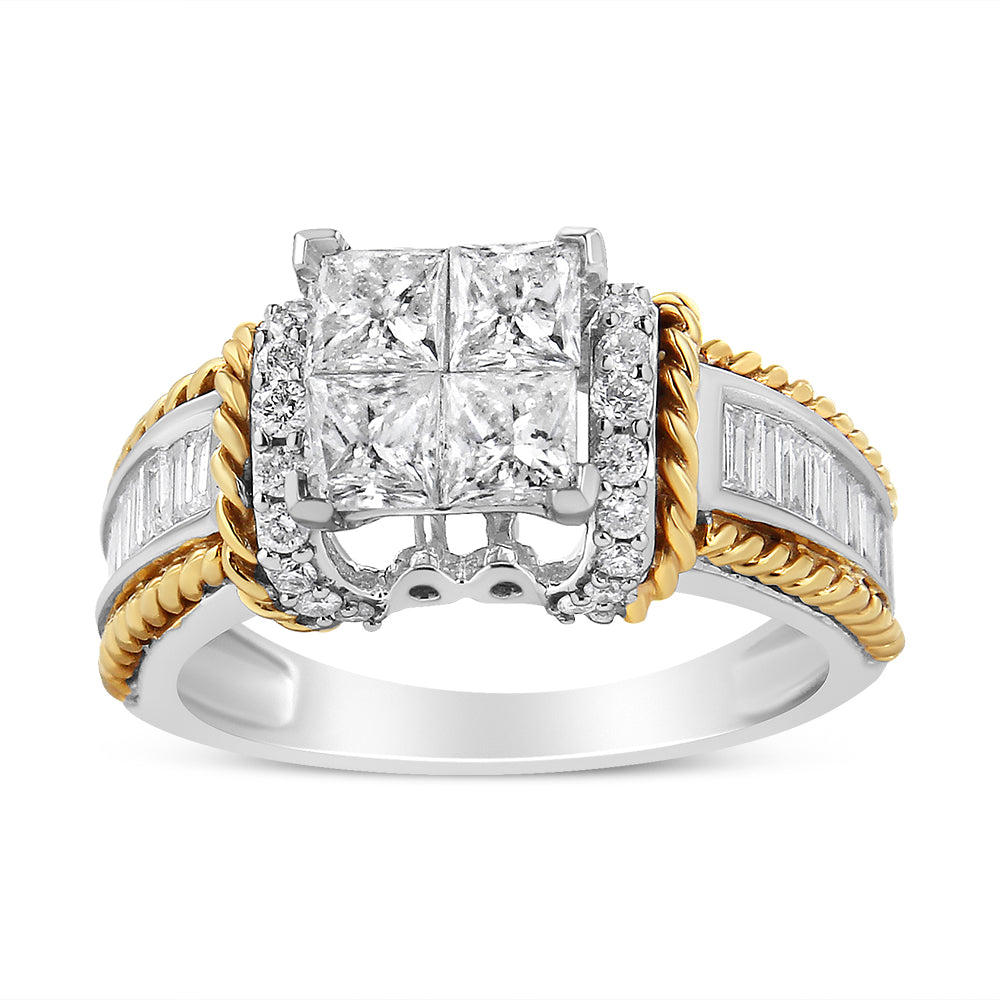 14K White and Yellow Gold 1 1/2 Cttw Invisible Set Princess-Cut Diamond Quad Style Engagement Ring (H-I Color, SI2-I1 Clarity) - Ring Size 7 by Bids.com