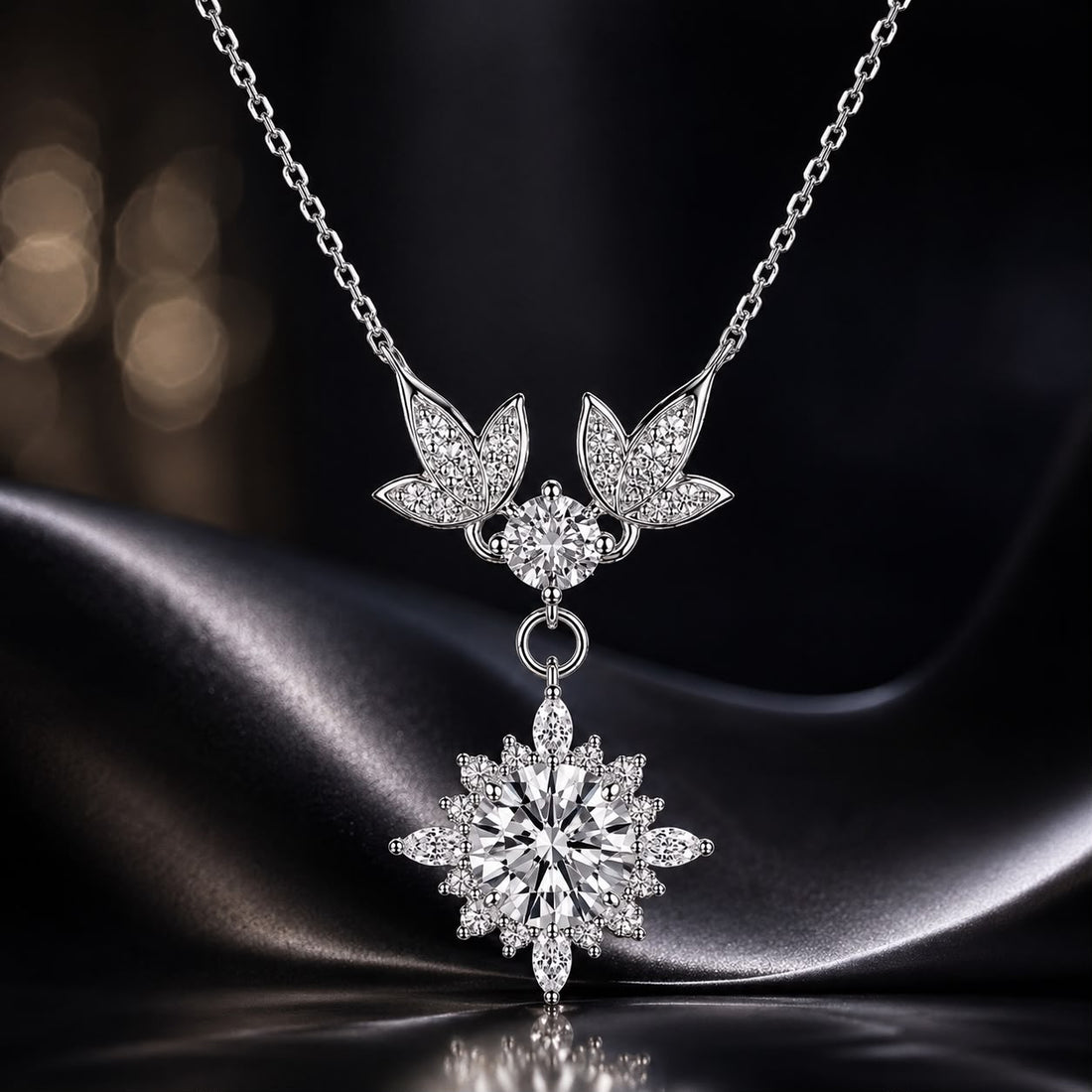 925 Sterling Silver Moissanite Pendant Necklace with Pavé Setting in White Gold - 40+5cm for Women  DestGlow