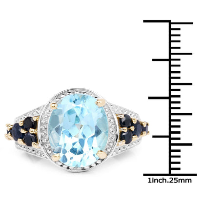 14K Yellow Gold Plated 5.80 Carat Genuine Blue Topaz &amp; Blue Sapphire .925 Sterling Silver Ring  DestGlow