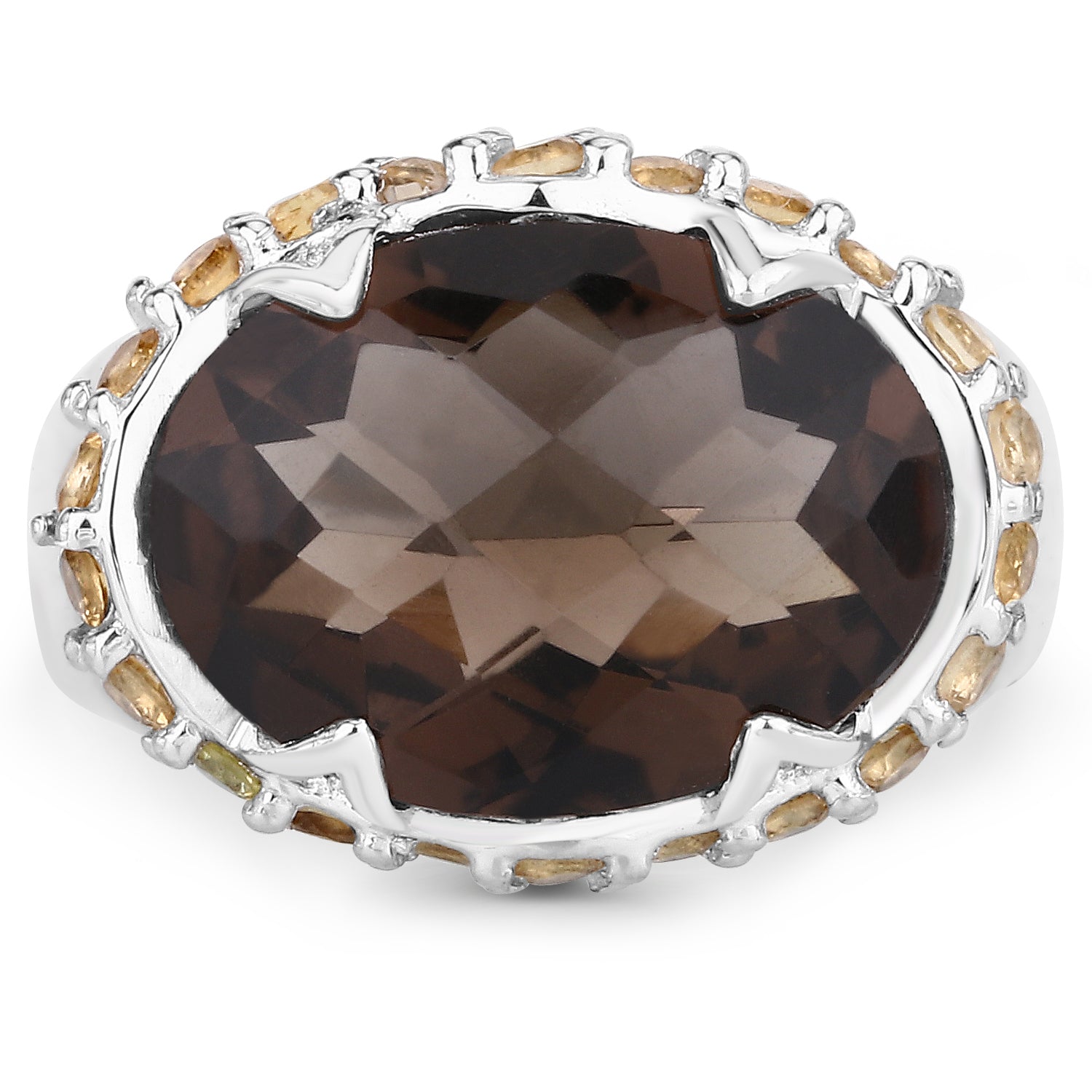 Two Tone Plated 9.58 Carat Genuine Smoky Quartz &amp; Citrine .925 Sterling Silver Ring  DestGlow