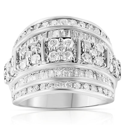 .925 Sterling Silver 2.0 Cttw Round &amp; Baguette Cut Diamond Multi-Row Channel Set Tapered Cocktail Fashion Ring (I-J Color, I3 Clarity) - Size 7 by Bids.com