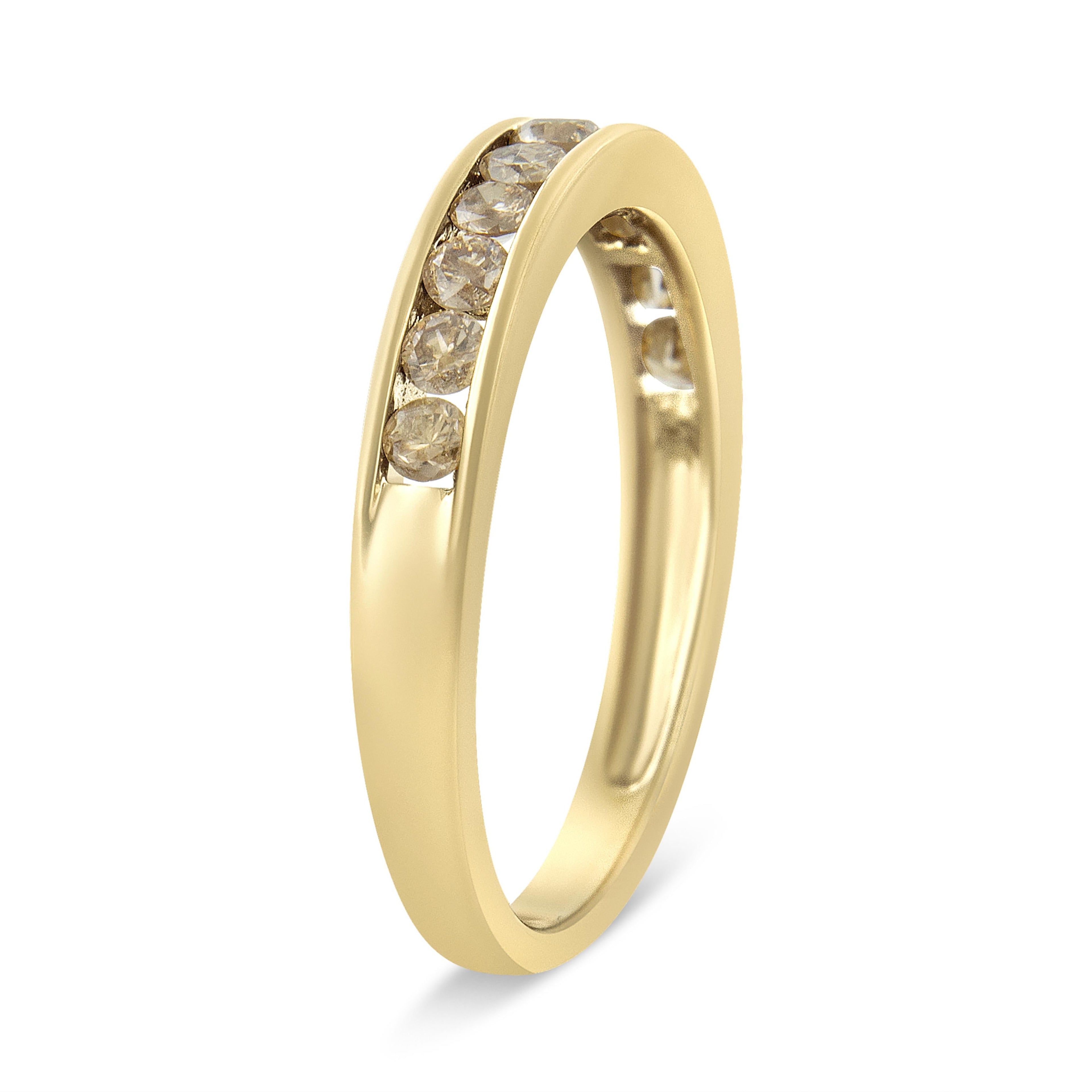 14K Yellow Gold Plated .925 Sterling Silver 1/2 Cttw Channel Set Round Champagne Diamond 11 Stone Band Ring (K-L Color, I1-I2 Clarity) - Size 7 by Bids.com