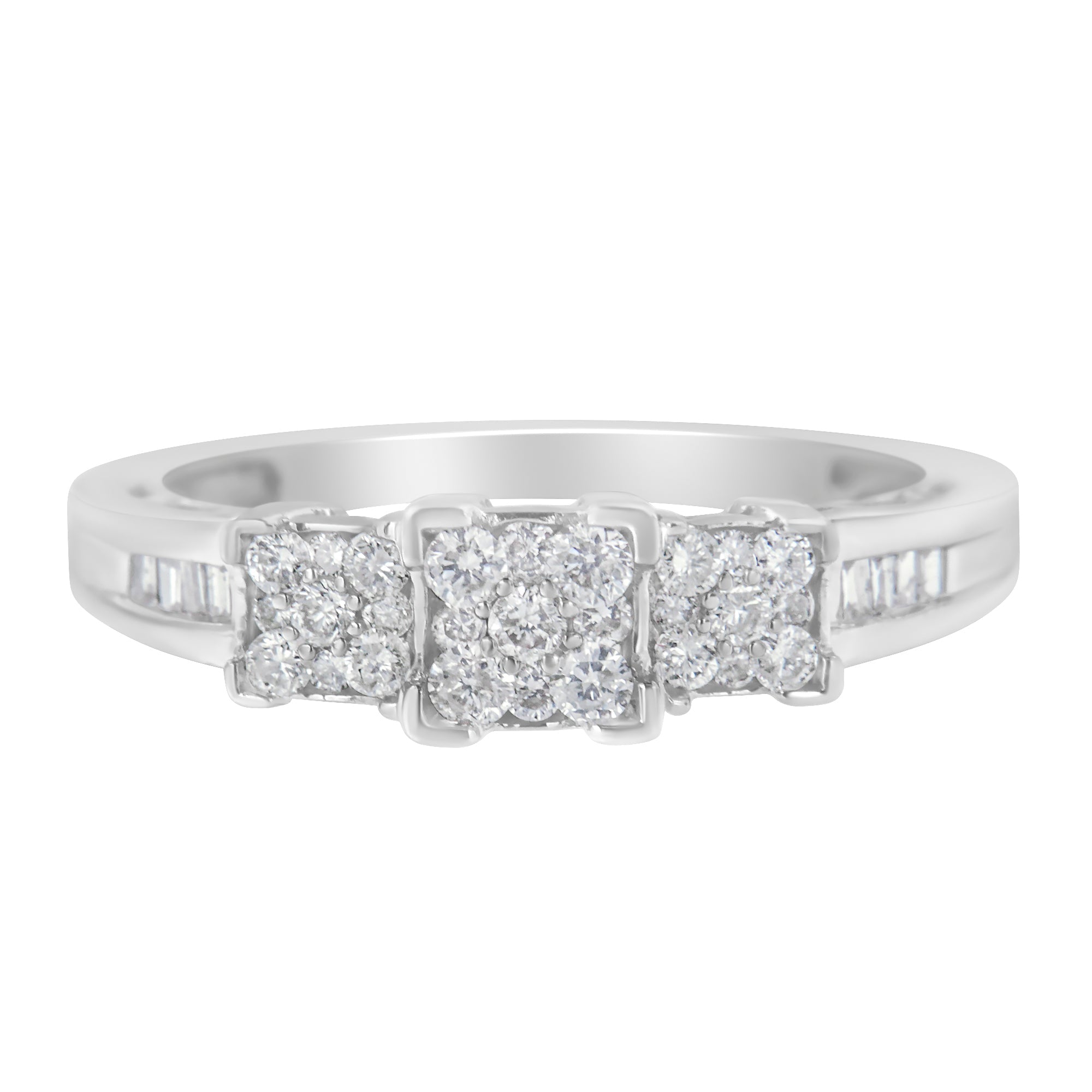 10K White Gold 1/2 Cttw Brilliant &amp; Baguette Cut Diamond 3 Stone Design with 3 Square Clusters Engagement Ring (H-I Color, SI2-I1 Clarity) - Size 6-3/4 by Bids.com