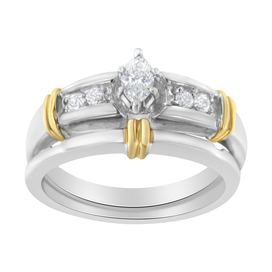 14K Yellow and White Gold 1/3 Cttw Marquise Diamond Cocktail Engagement Ring Set (H-I Color, SI1-SI2 Clarity) - Size 7 by Bids.com