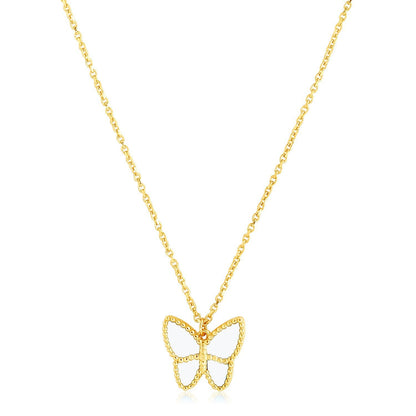 14k Yellow Gold High Polish Butterfly Peral Paste Necklace by Bids.com