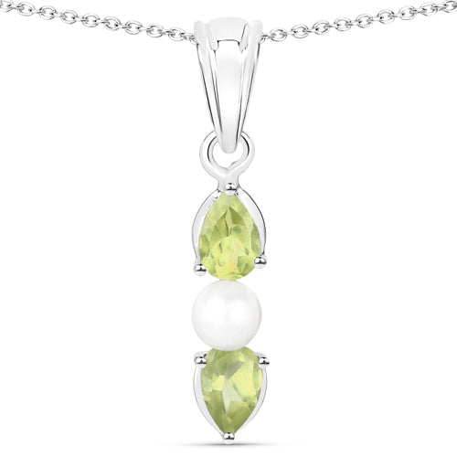 1.40 Carat Genuine Peridot and Pearl .925 Sterling Silver Pendant  DestGlow