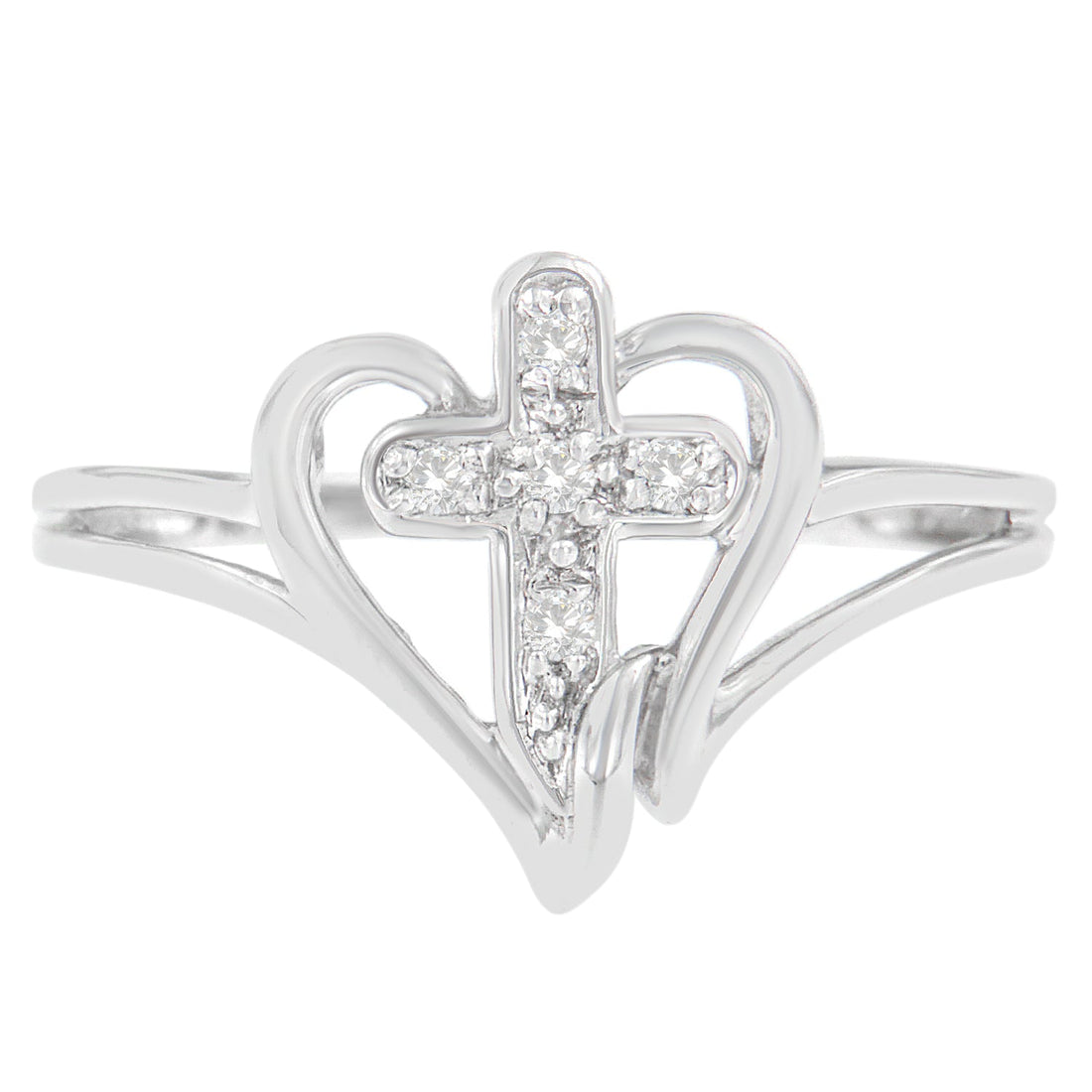 10K White Gold Diamond-Accented Cross &amp; Open Heart Promise Fashion Ring (H-I Color, I1-I2 Clarity) - Size 7 by Bids.com