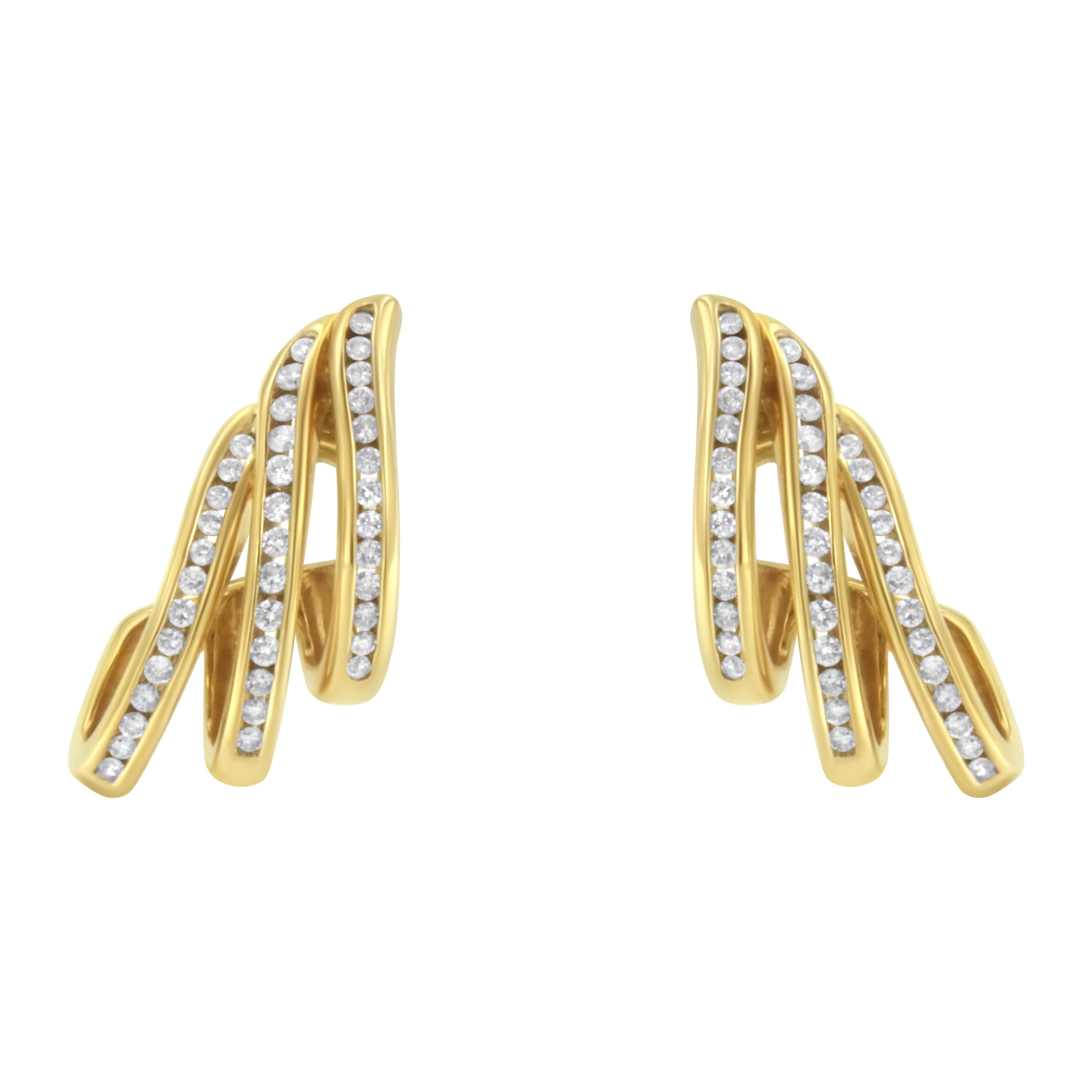 10K Yellow Gold 1.0 Cttw Round Brilliant Cut Diamond Spiral Multi Row Channel Set Open Hoop Pushback Stud Earrings (H-I Color, I1-I2 Clarity) by Bids.com