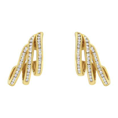 10K Yellow Gold 1.0 Cttw Round Brilliant Cut Diamond Spiral Multi Row Channel Set Open Hoop Pushback Stud Earrings (H-I Color, I1-I2 Clarity) by Bids.com