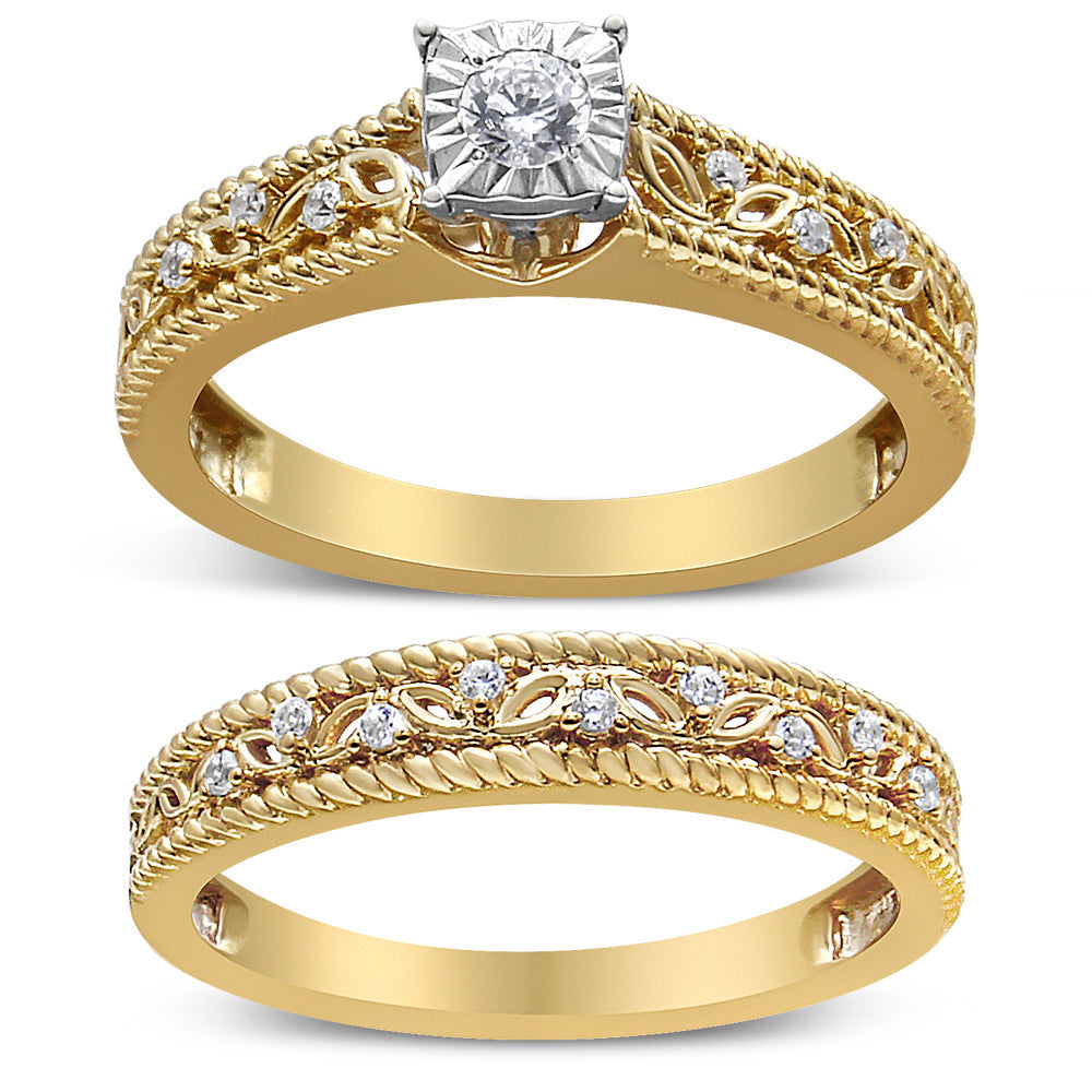 14K Yellow Gold Plated .925 Sterling Silver 1/5 Cttw Diamond Art Deco Style Engagement Ring Bridal Set (I-J Color, I3 Clarity) - Ring Size 7 by Bids.com