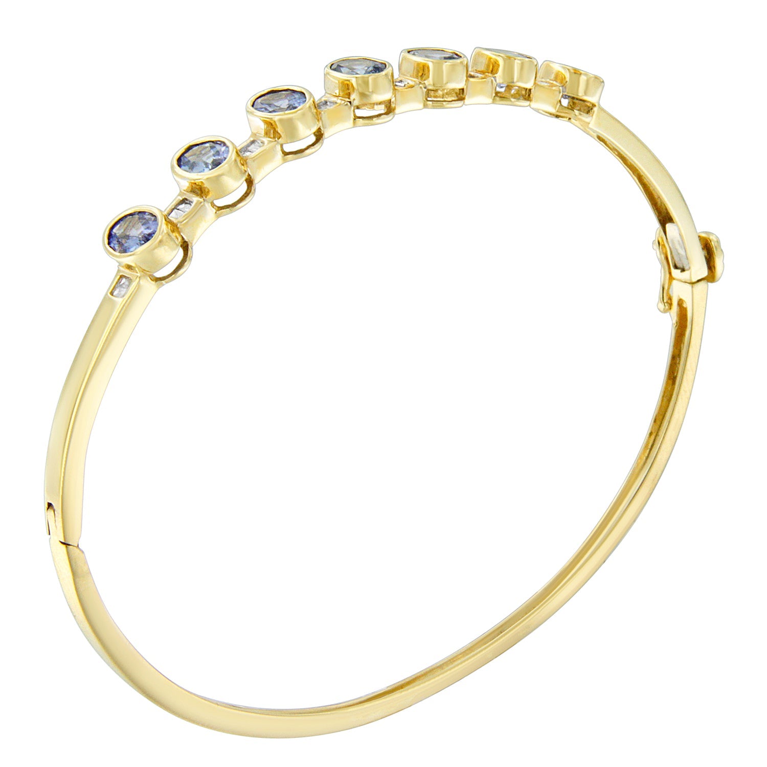 14K Yellow Gold Alternating Bezel Set 5MM Oval Shaped Tanzanite and 1/5 Cttw Diamond Bangle Bracelet (H-I Color, VS2-SI1 Clarity) - Fit&