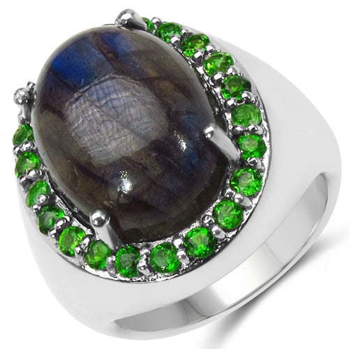 11.90 Carat Genuine Labradorite &amp; Chrome Diopside .925 Sterling Silver Ring by Bids.com