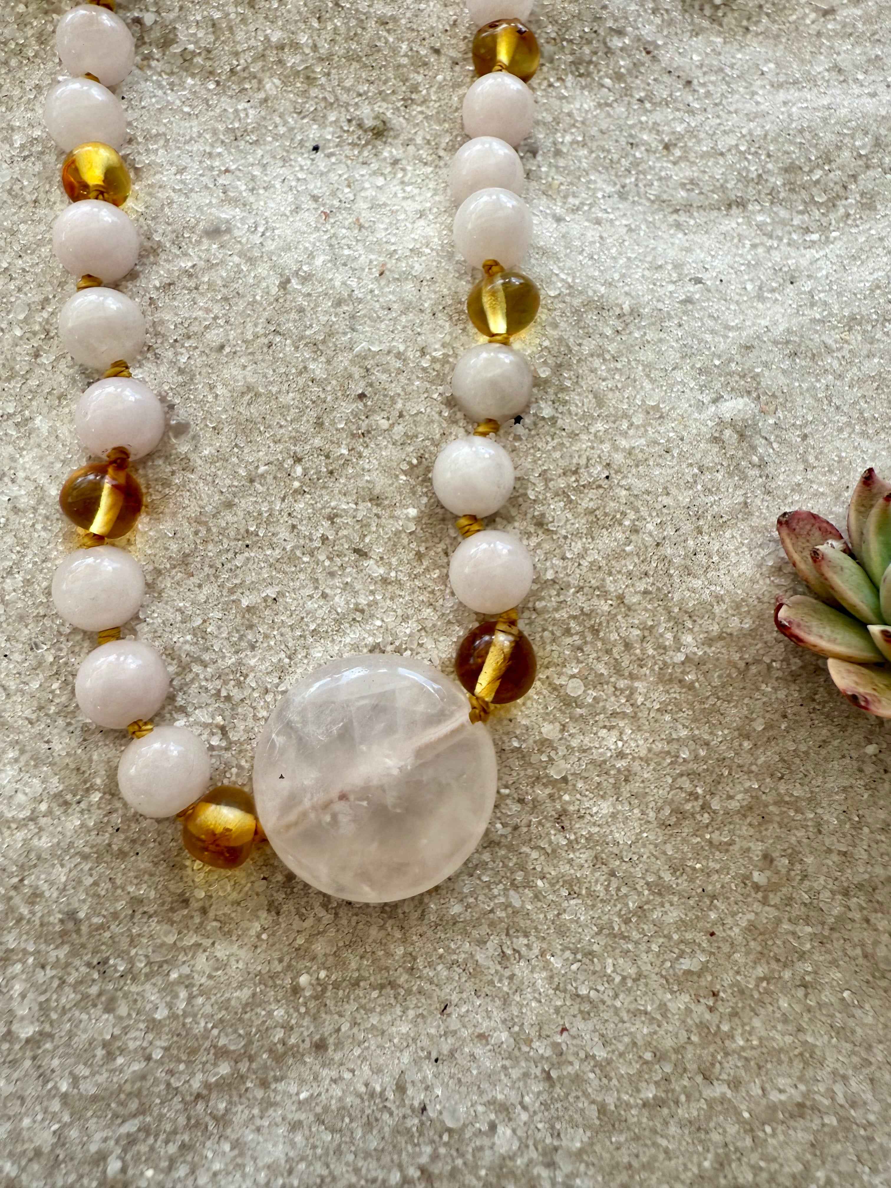 Rose Quartz + Honey Baltic Sea Amber || Rose Quartz Stone Necklace