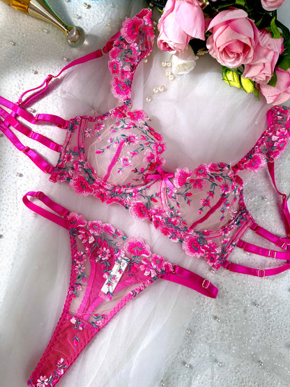 Pink Blossom Embroidery Lingerie Set