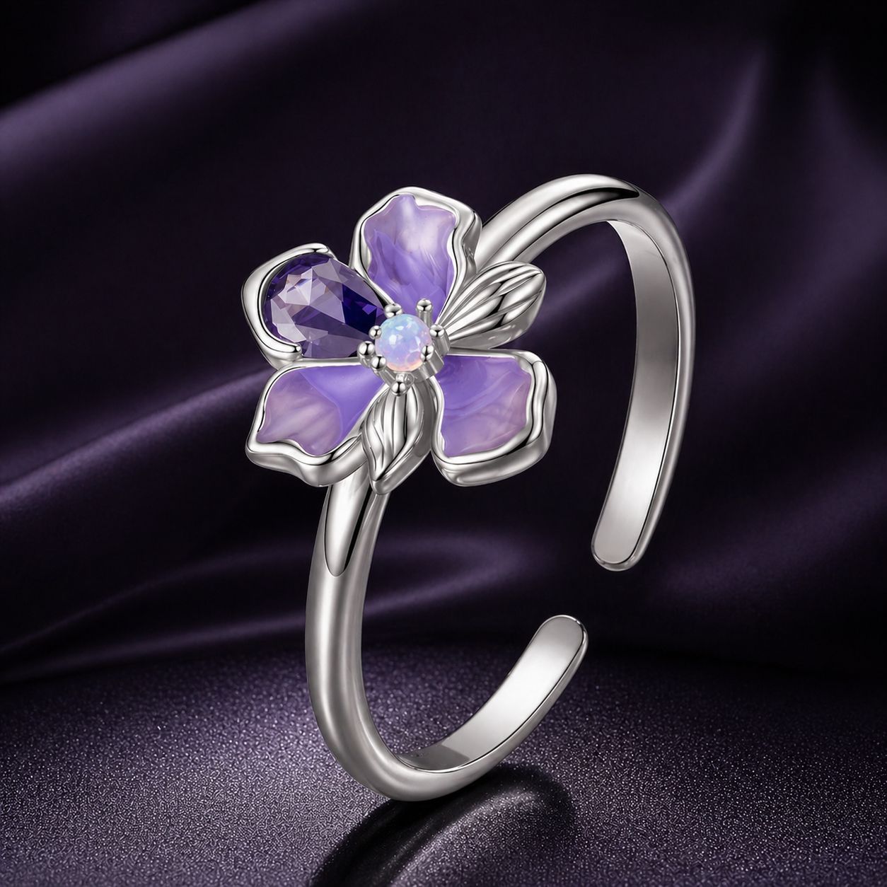 925 Sterling Silver Pavé Set CZ Enamel White Gold Plated Nano Opal Pendant Ring  DestGlow