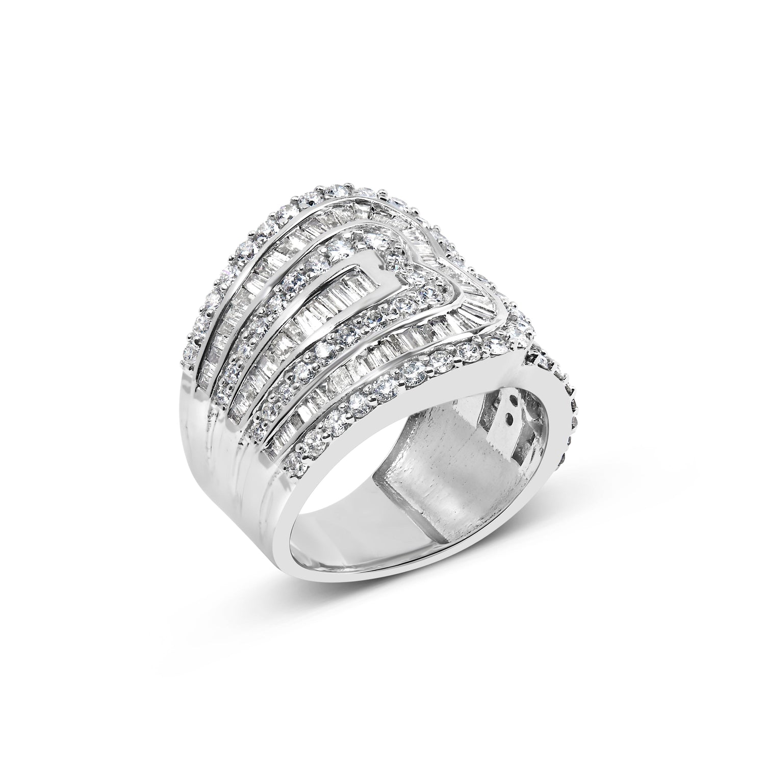 10K White Gold 2 1/2 Cttw Round and Baguette-Cut Diamond Multi-Row Bypass Ring (J-K Color, I2-I3 Clarity) - Ring Size 7 by Bids.com