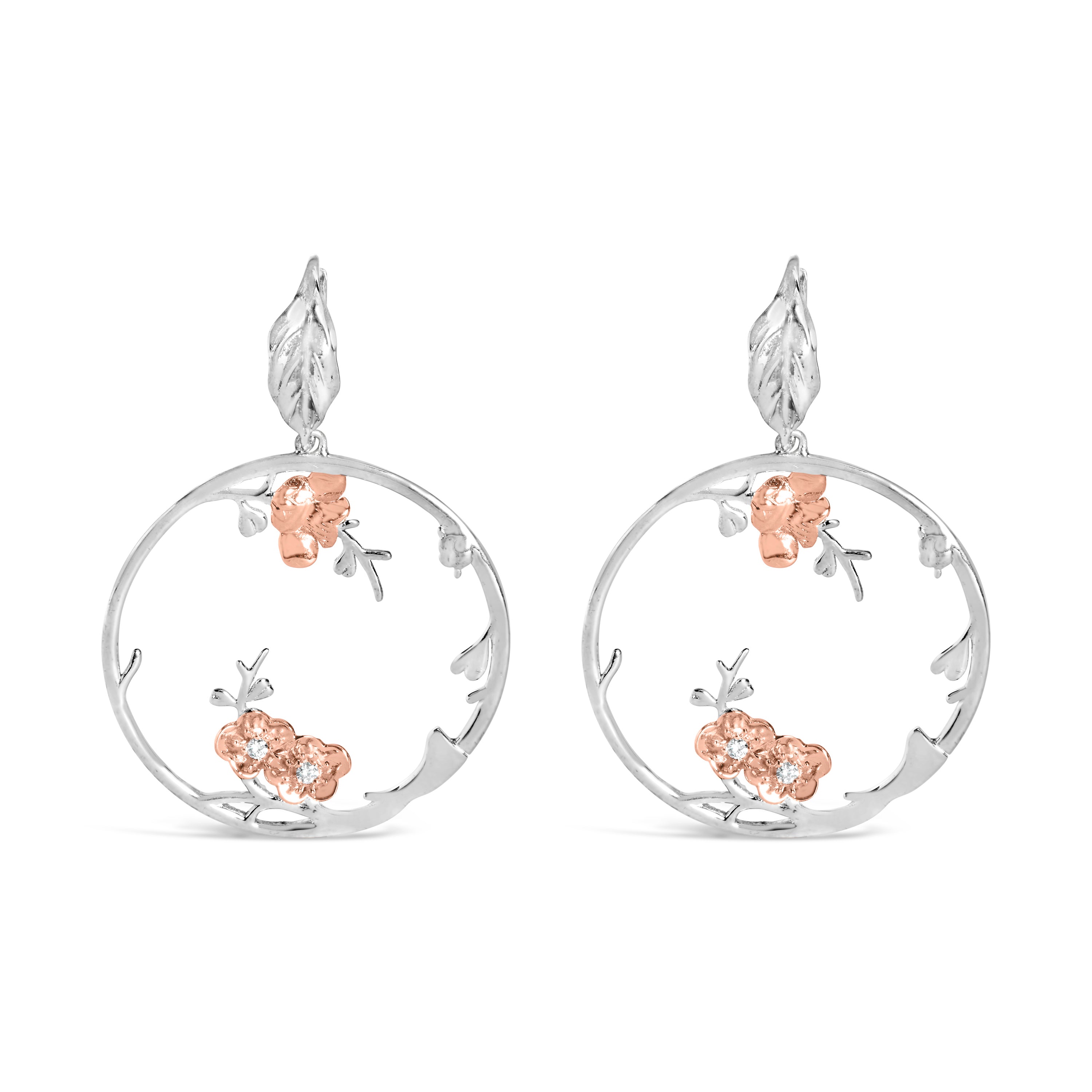 Rose Gold Plated .925 Sterling Silver 1/10 Cttw Diamond Floral Hoop Earrings (I-J Color, SI1-SI2 Clarity) by Bids.com