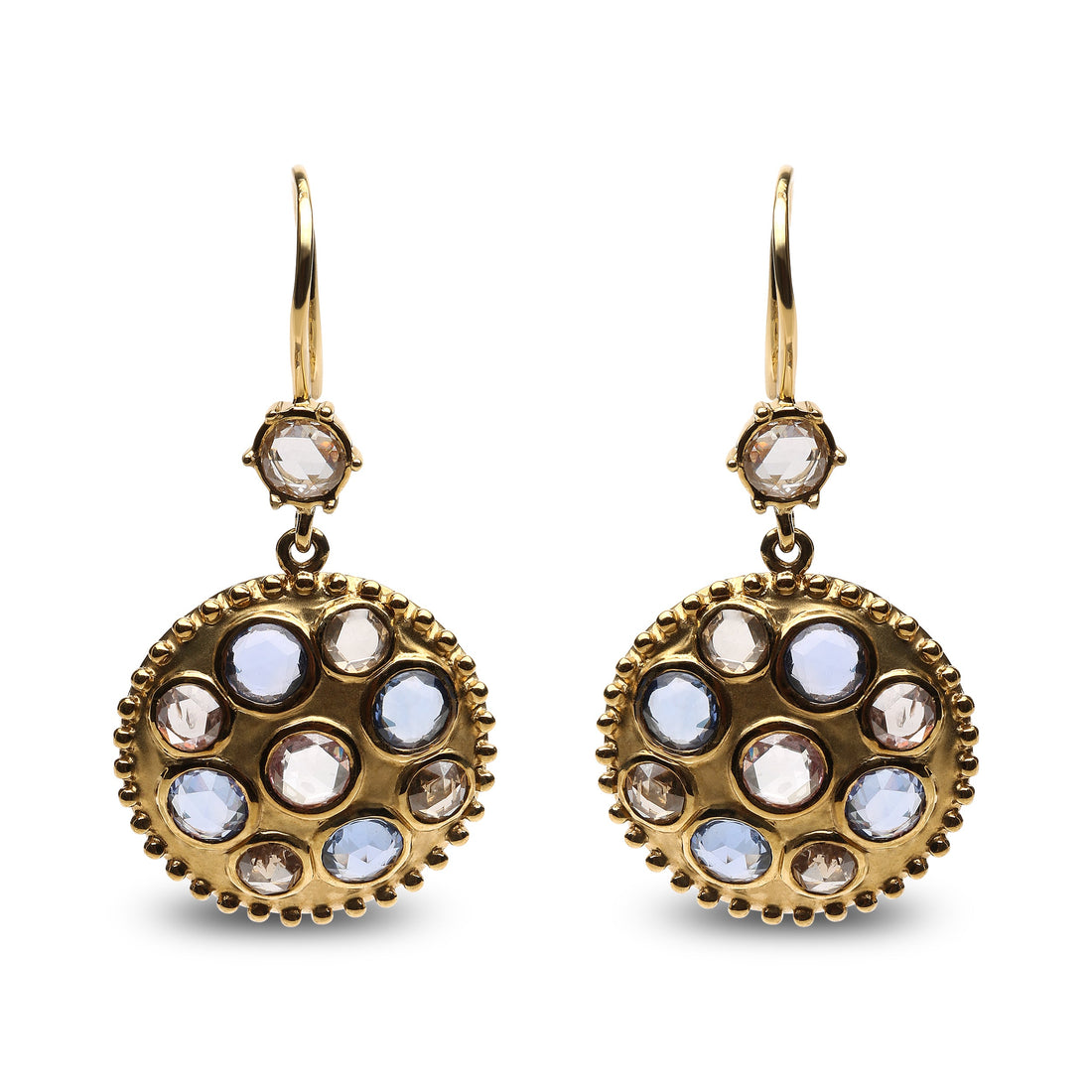 18K Yellow Gold 1 2/3 Cttw Diamond and Blue Sapphire Bezel Set Gemstone Cluster Medallion Dangle Earrings (Brown and G-H Color, SI1-SI2 Clarity) by Bids.com