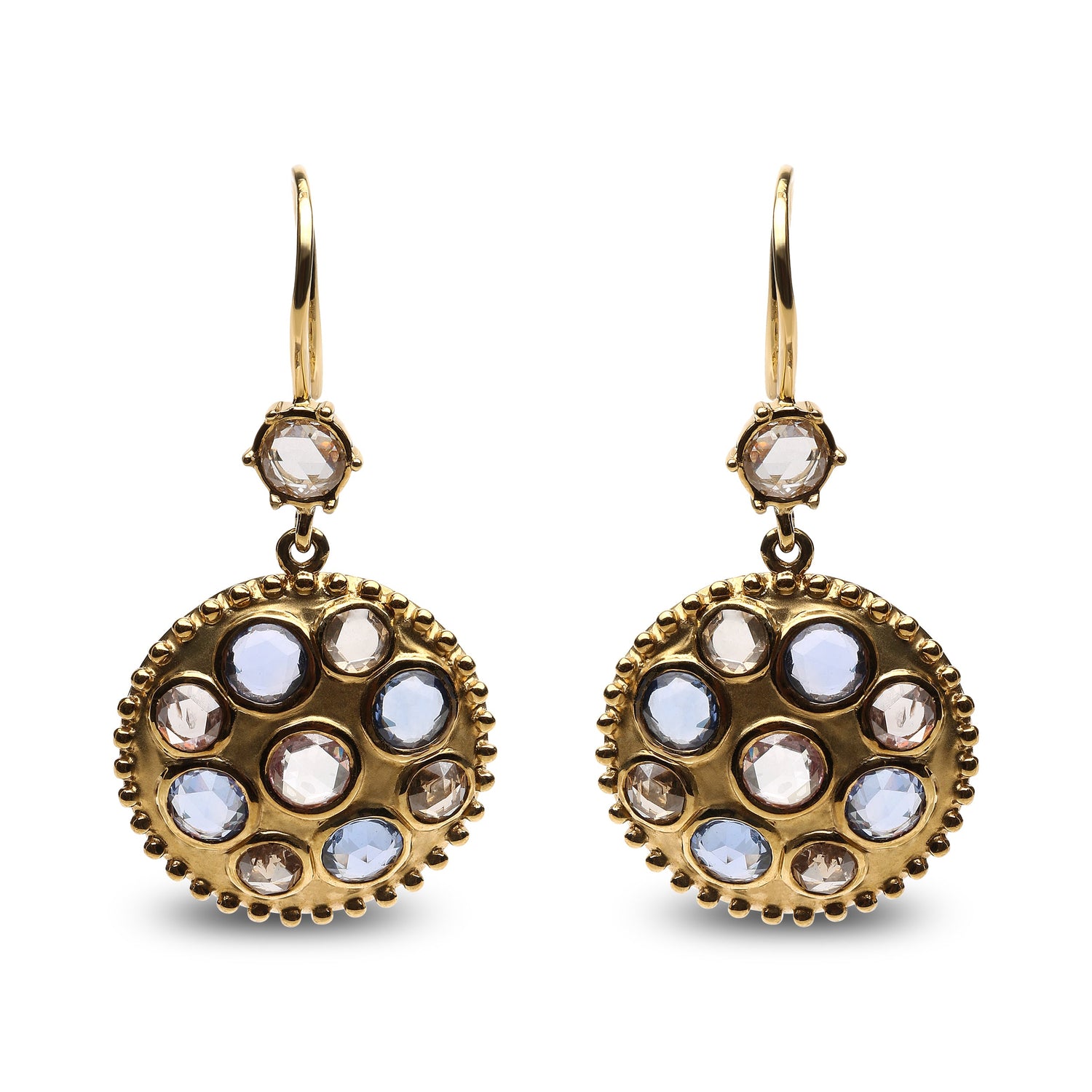 18K Yellow Gold 1 2/3 Cttw Diamond and Blue Sapphire Bezel Set Gemstone Cluster Medallion Dangle Earrings (Brown and G-H Color, SI1-SI2 Clarity) by Bids.com