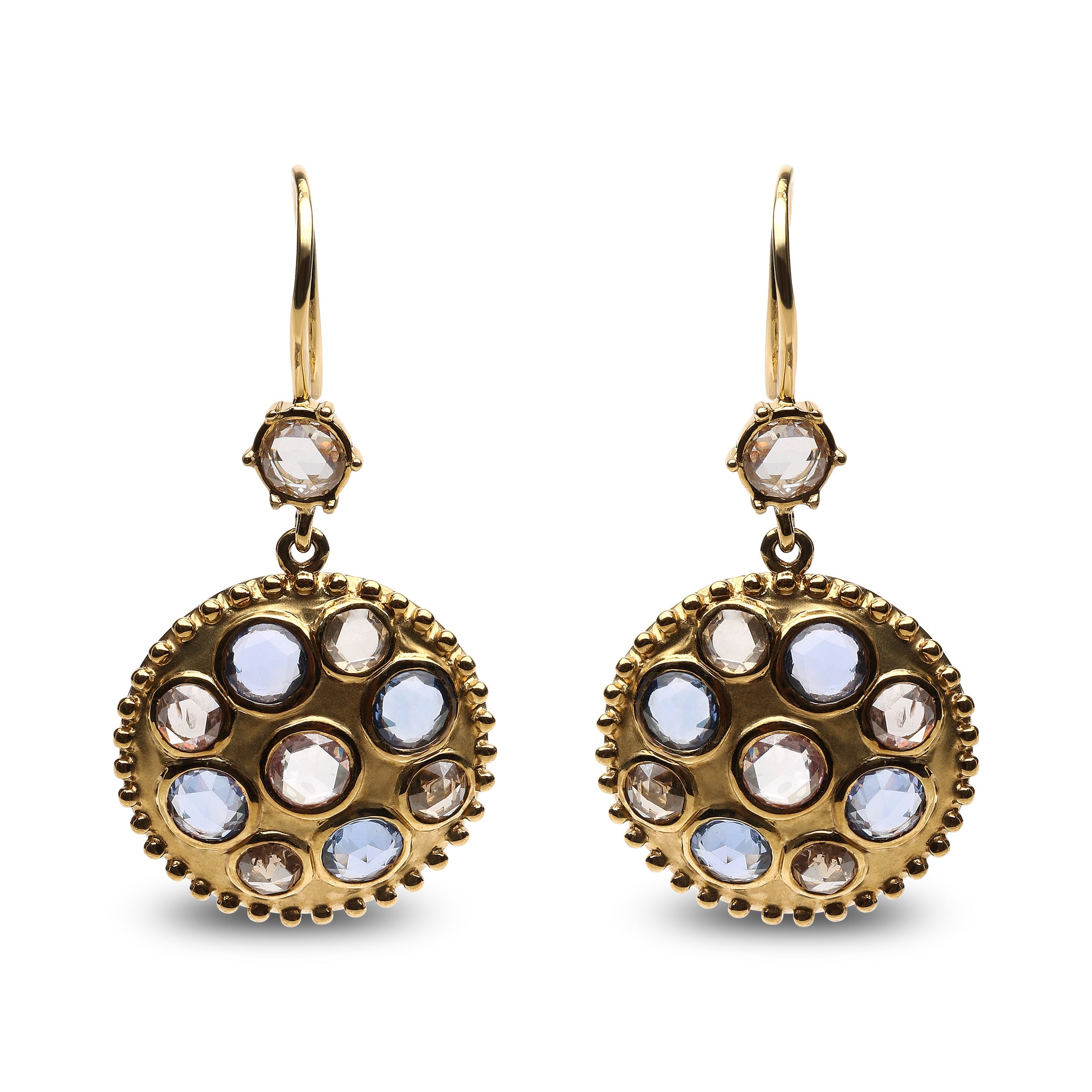 18K Yellow Gold 1 2/3 Cttw Diamond and Blue Sapphire Bezel Set Gemstone Cluster Medallion Dangle Earrings (Brown and G-H Color, SI1-SI2 Clarity) by Bids.com