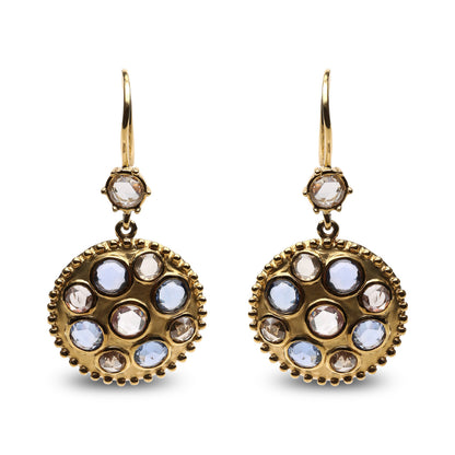 18K Yellow Gold 1 2/3 Cttw Diamond and Blue Sapphire Bezel Set Gemstone Cluster Medallion Dangle Earrings (Brown and G-H Color, SI1-SI2 Clarity) by Bids.com