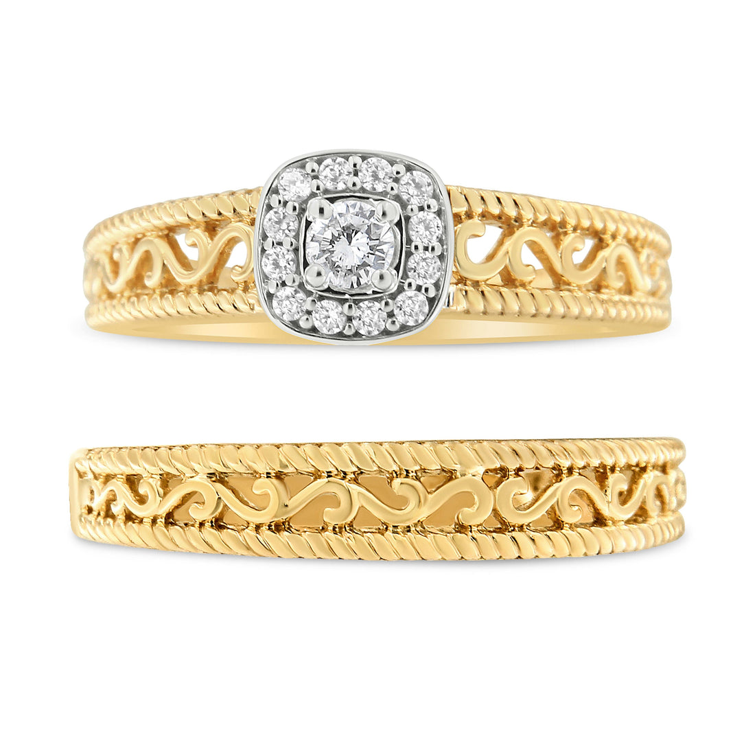 14K Yellow Gold Plated .925 Sterling Silver 1/5 Cttw Diamond Halo and Milgrain Finish Engagement Ring Bridal Set (I-J Color I3 Clarity) - Size 7 by Bids.com