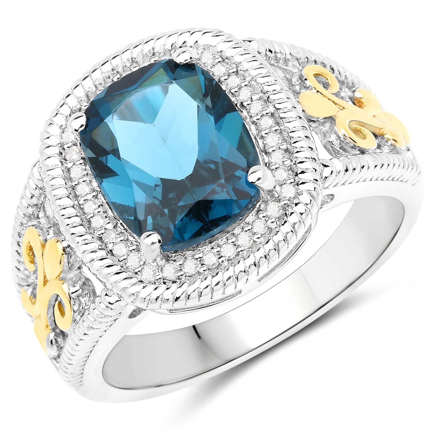 3.59 Carat Genuine London Blue Topaz and White Diamond 14K Yellow Gold with .925 Sterling Silver Ring by Bids.com