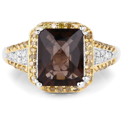 3.48 Carat Genuine Smoky Quartz, Yellow Diamond and White Diamond .925 Sterling Silver Ring by Bids.com