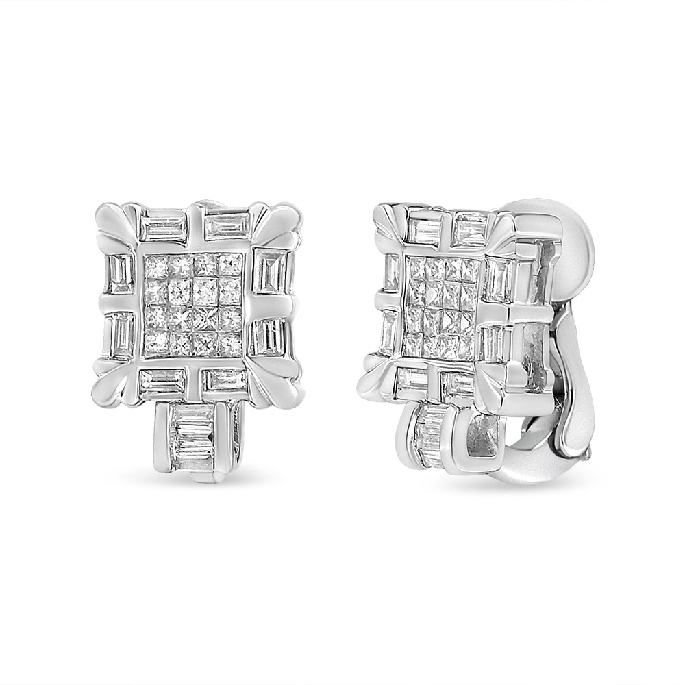 14K White Gold 1.0 Cttw Princess and Baguette-Cut Diamond Square Framed Huggie Hoop Omega Earrings (H-I Color, SI1-SI2 Clarity) by Bids.com