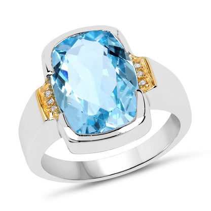 Two Tone Plated 6.93 Carat Genuine Blue Topaz &amp; White Topaz .925 Sterling Silver Ring  DestGlow