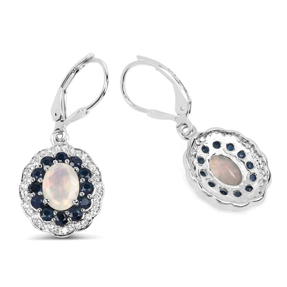 2.80 Carat Genuine Ethiopian Opal, Blue Sapphire and White Topaz .925 Sterling Silver Earrings  DestGlow