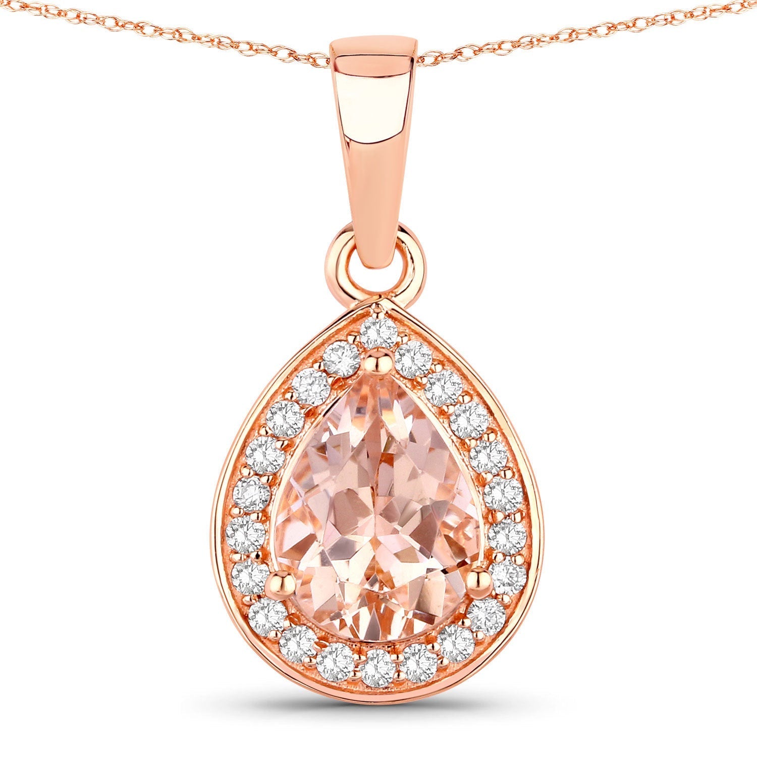 1.01 Carat Genuine Morganite and White Diamond 14K Rose Gold Pendant  DestGlow