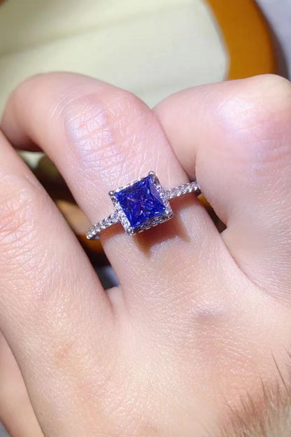1 Carat Blue Princess-Cut Sparkala™ Platinum Over Pure Sterling Silver Square Ring - DestGlow