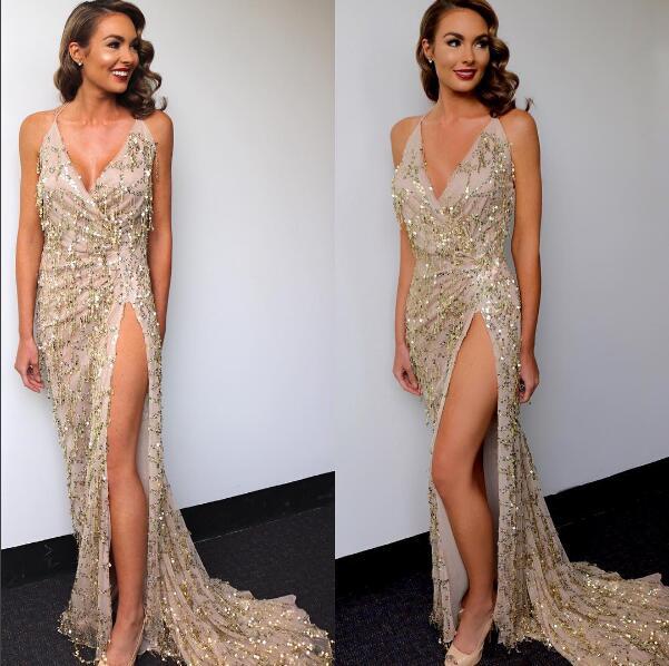 Sexy Women Clothing V neck Backless Slit Sling Gold Sequ Dress Maxi Dress Summer by Ragazza